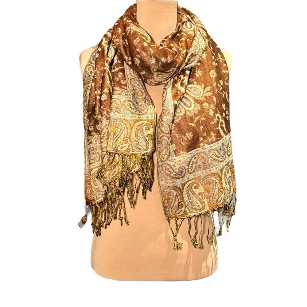 New Large Paisley Scarf Wrap Pashmina Brown Cream Fringe Classic - Picture 3 of 9